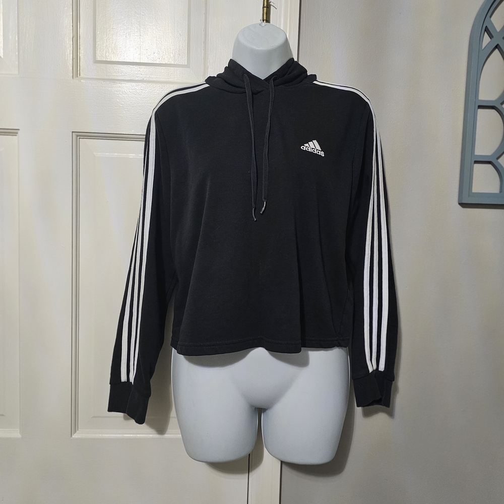 Adidas Women's Black Hoodie with White Sleeve Stripes - Picture 1 of 3